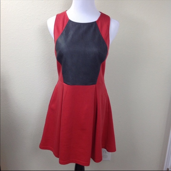 Esley Dresses & Skirts - Esley Red & Vegan Leather Sleeveless Skater Dress